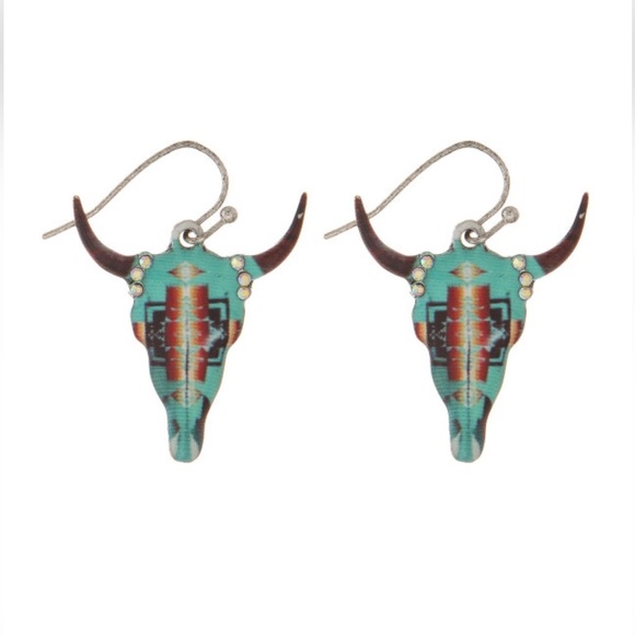 Southwestern Longhorn Skull Earrings in turquoise and coral enamel - Picture 1 of 6